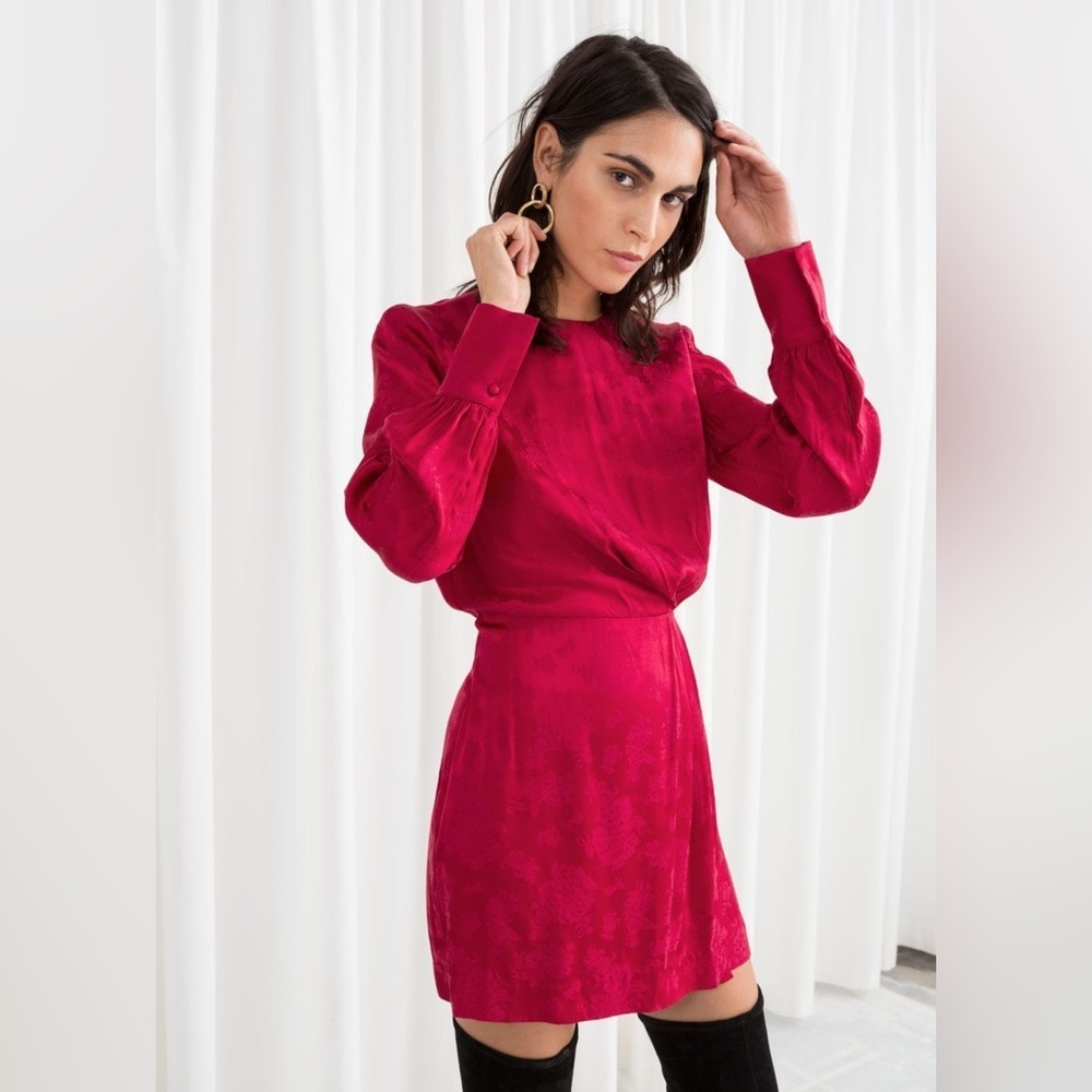 & OTHER STORIES Gathered Satin Mini Red Dress